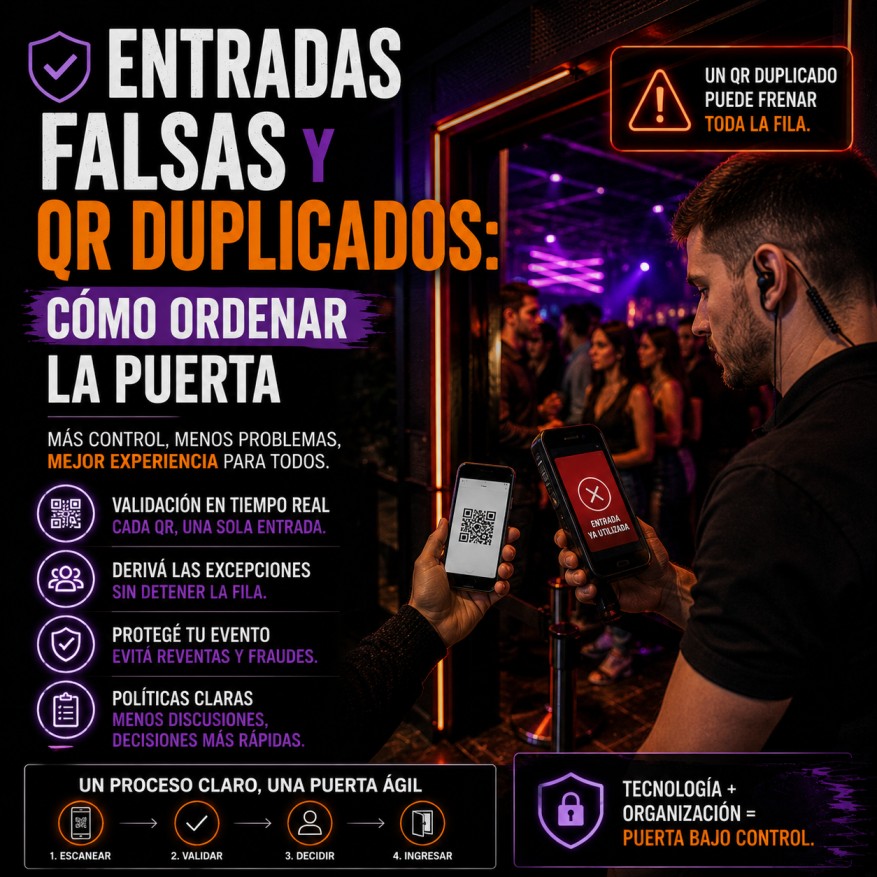Lector QR rechazando una entrada duplicada en la puerta de un evento