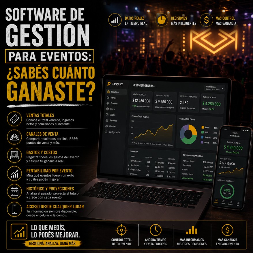 Productor revisando reportes de ventas después de un evento